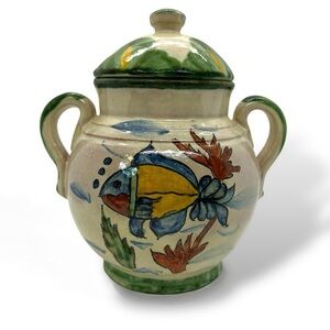 Vtg Mexican Pottery Sugar Bowl w/lid Hand Painted Fish  Glazed, Artist Signed